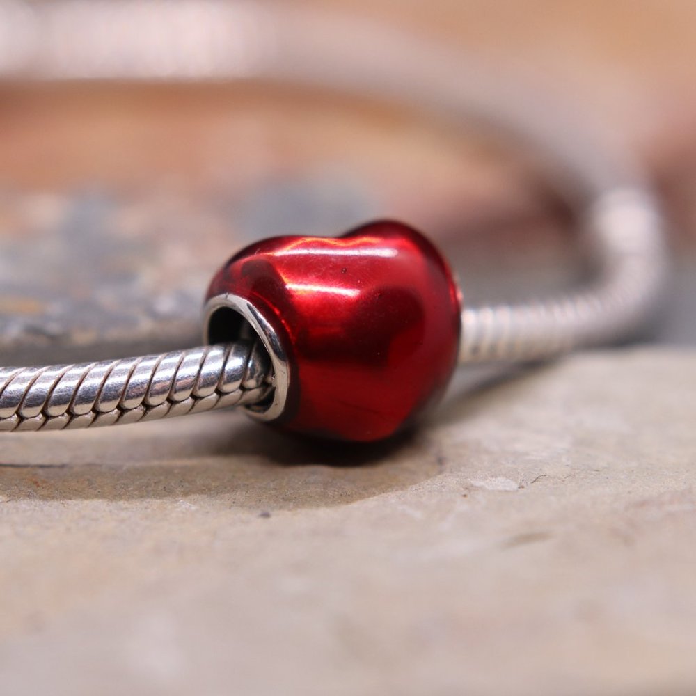 Red Metallic Heart Love Bracelet Charm - S925 Sterling Silver Fits Pandora